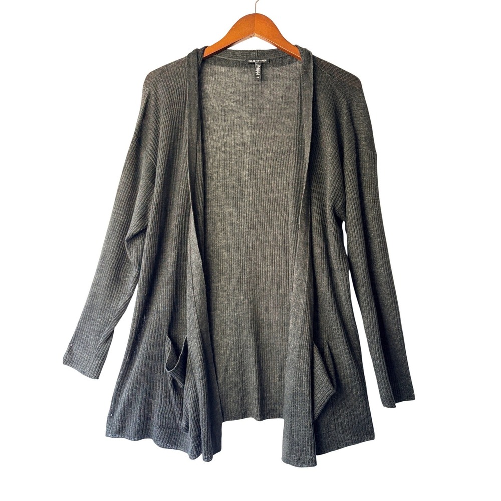 Eileen Fisher Gray 100% Organic Linen Ribbed Open Front Cardigan Sweater L